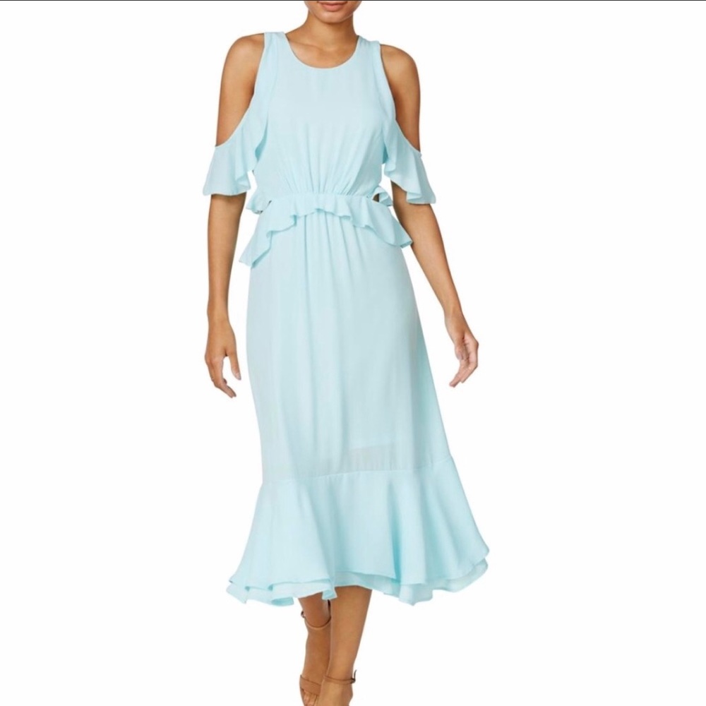 Maison Jules Ruffled Cold Shoulder Blue Dress